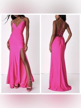 LULUS Divine Desires Hot Pink Satin Lace Up Back Mermaid Maxi Dress size S NWT